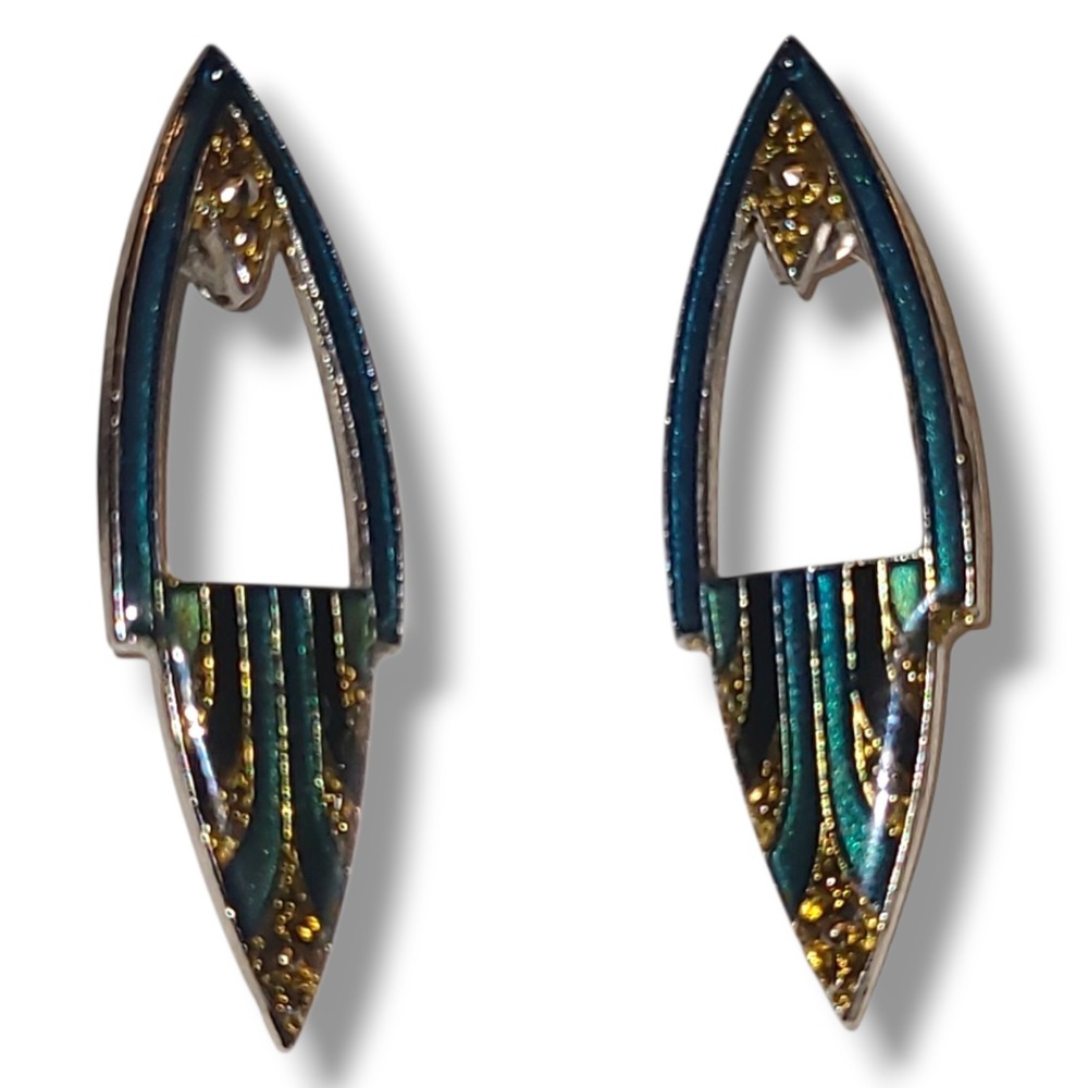 Pierre Bex Style Art Deco Earrings Blue Green Enamel Gold Tone Pierced VTG